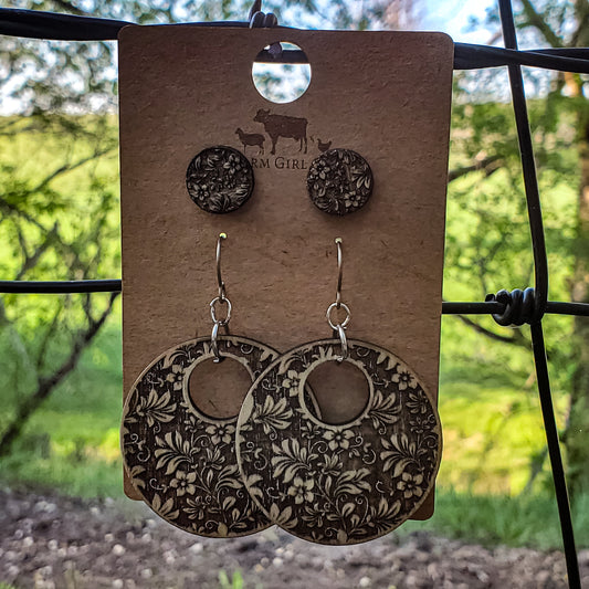 Paired Stud and Dangle Damask Engraved Wood Earrings - A Farm Girl by Tess | Handmade Alpaca Wool Winter Hats for Women