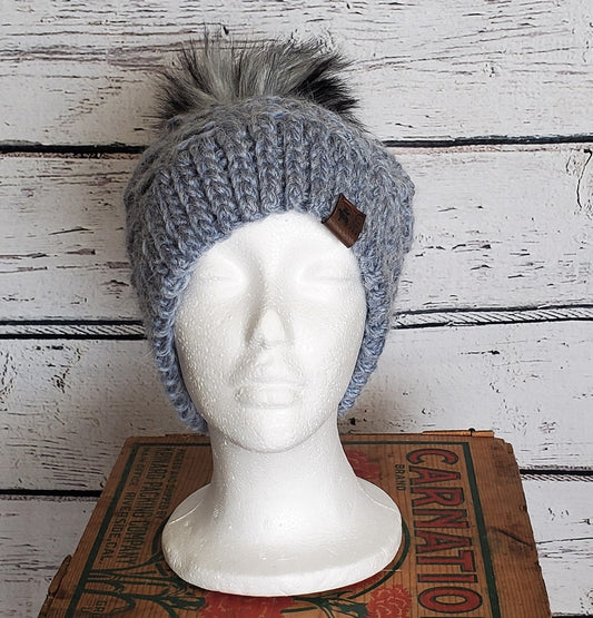 Pale Blue Alpaca Blend Wool Crochet Hat with Pom - a-Farm-girl-bytess | Handmade Alpaca Wool Winter Hats for Women