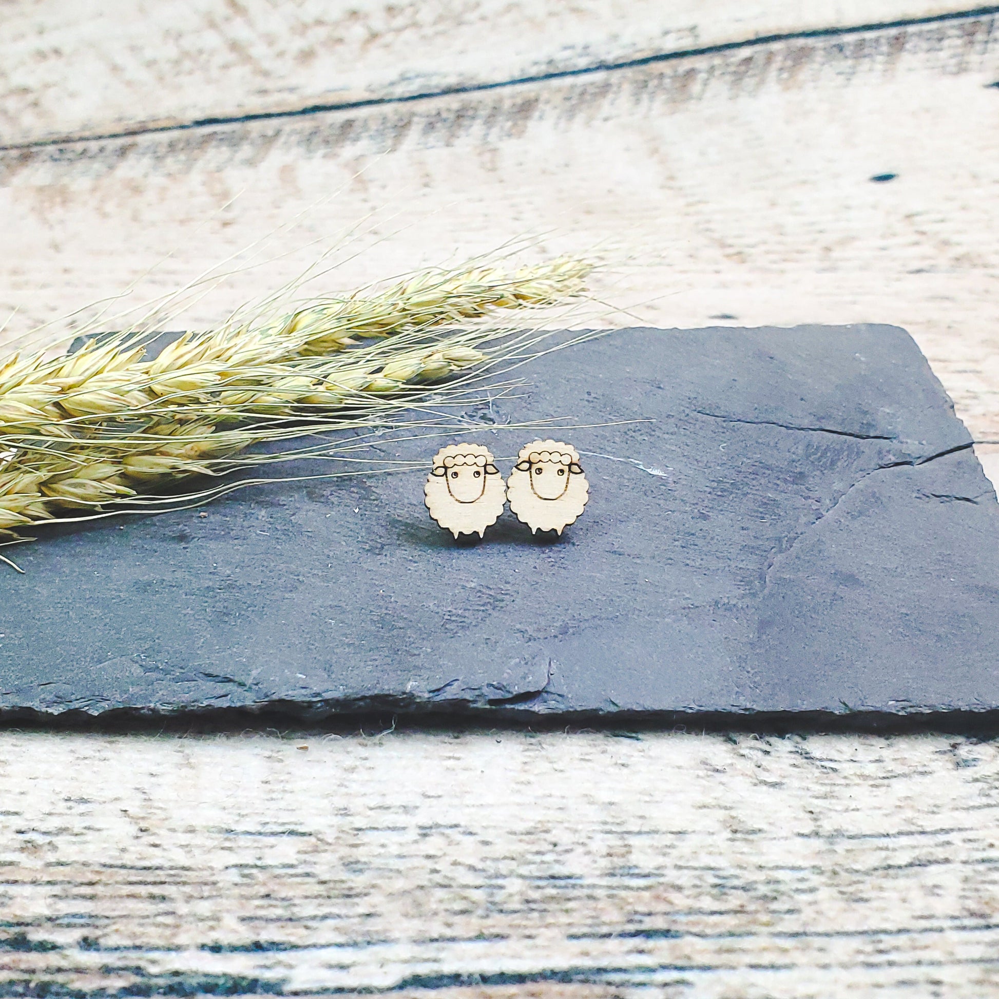 Sheep Engraved Wood Earrings - A Farm Girl by Tess | Handmade Alpaca Wool Winter Hats for Women