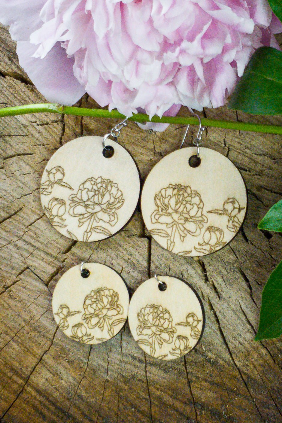 Small Circle Peony Engraved Wood Earrings - A Farm Girl by Tess | Handmade Alpaca Wool Winter Hats for Women