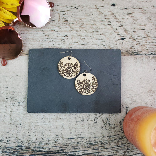 Small Circle Sunflower Wood Engraved Earrings - A Farm Girl by Tess | Handmade Alpaca Wool Winter Hats for Women