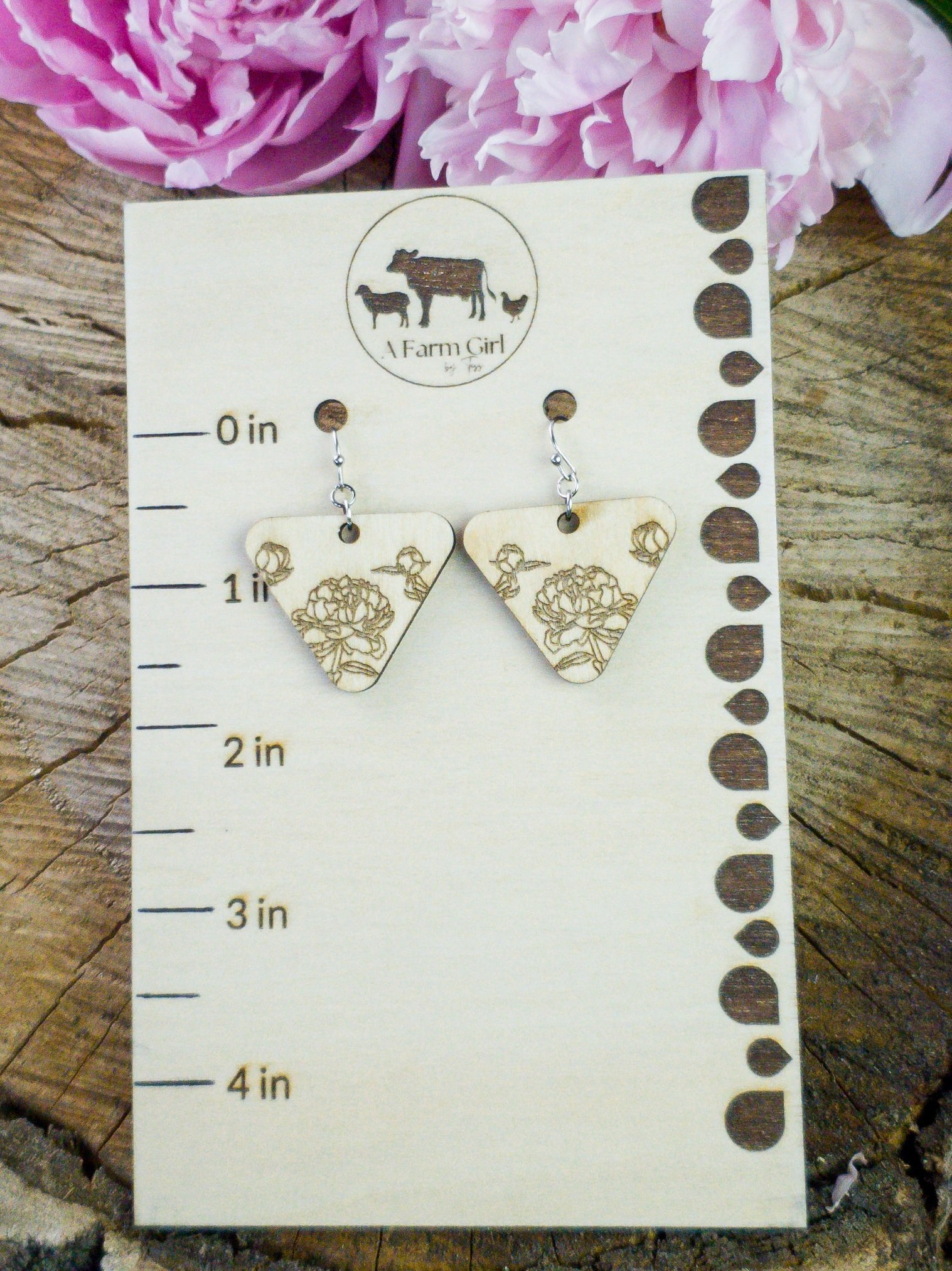 Small Descending Triangle Peony Engraved Wood Earrings - A Farm Girl by Tess | Handmade Alpaca Wool Winter Hats for Women