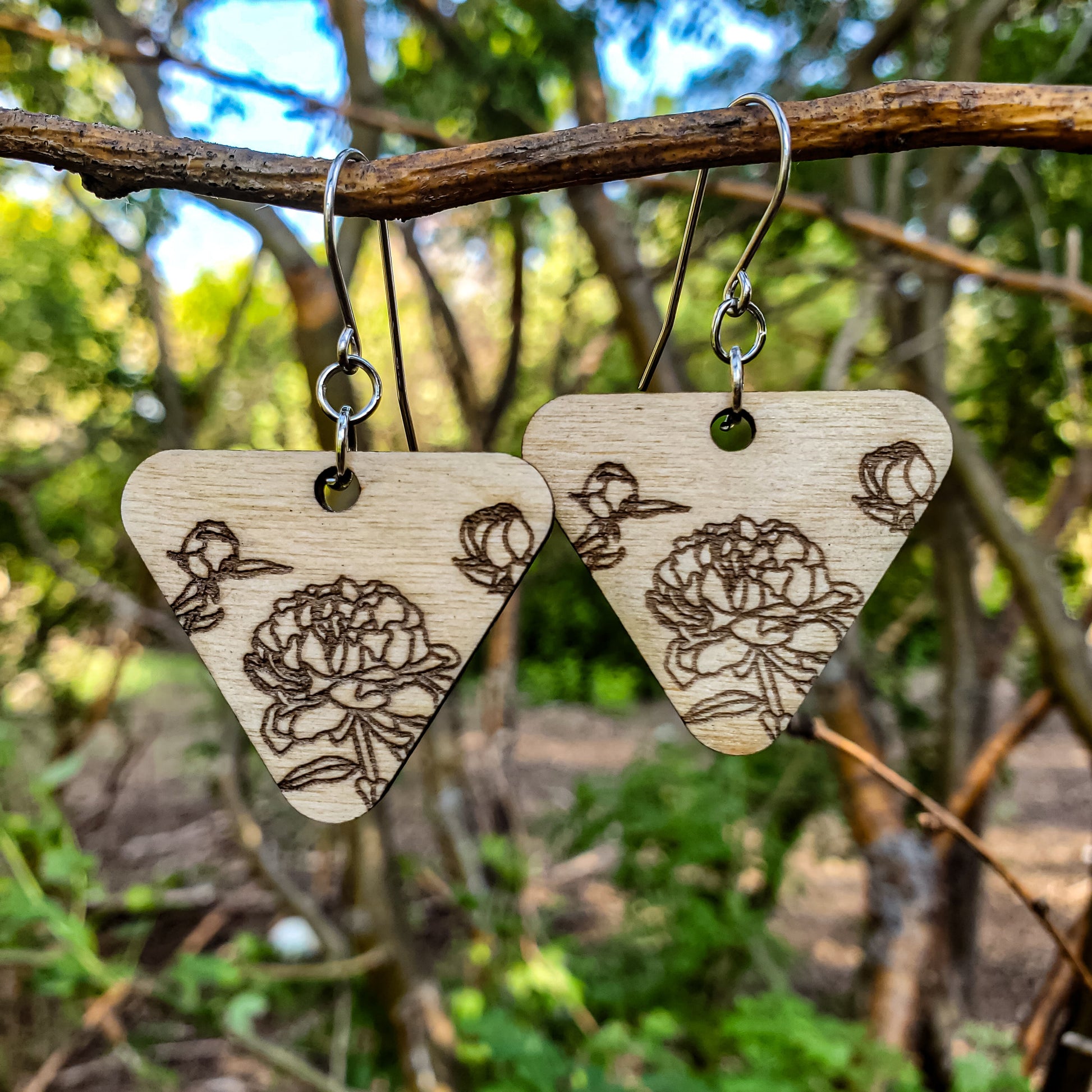 Small Descending Triangle Peony Engraved Wood Earrings - A Farm Girl by Tess | Handmade Alpaca Wool Winter Hats for Women