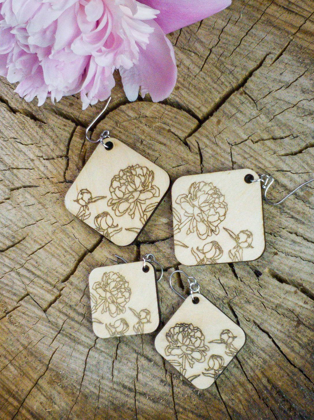 Small Diamond Shaped Peony Engraved Wood Earrings - A Farm Girl by Tess | Handmade Alpaca Wool Winter Hats for Women