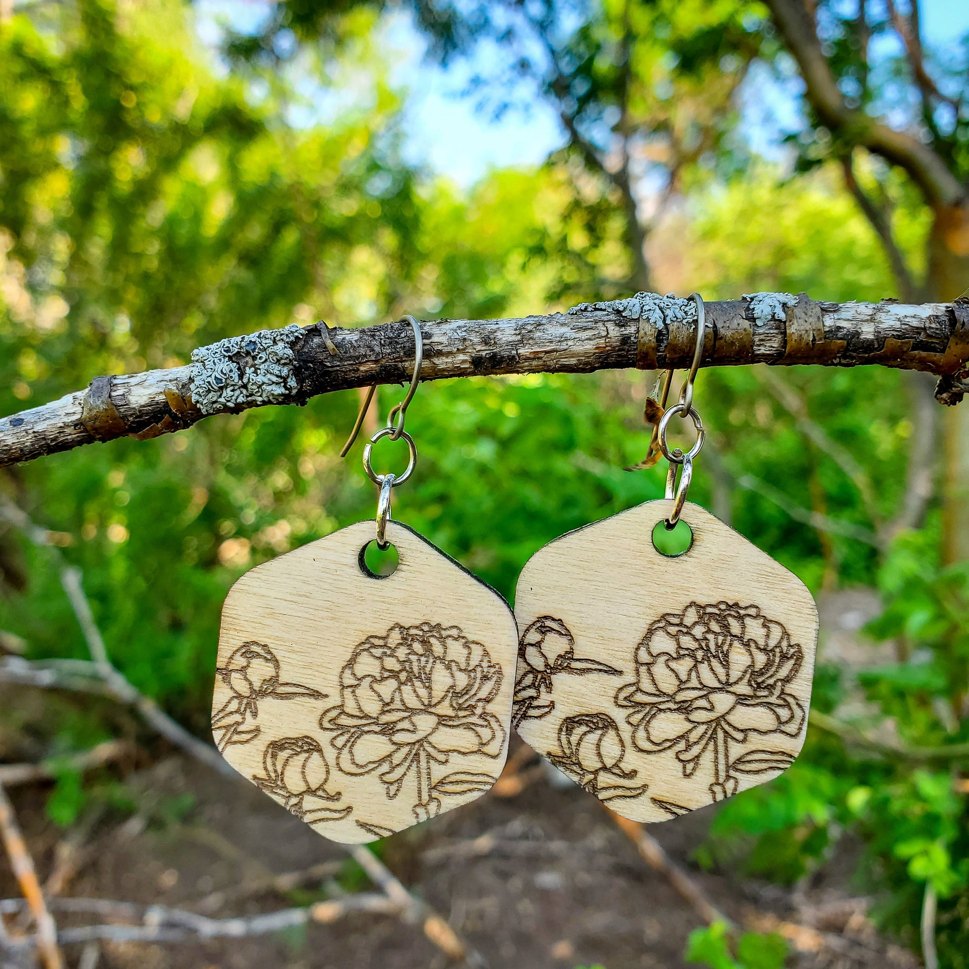 Small Hexagon Peony Engraved Wood Earrings - A Farm Girl by Tess | Handmade Alpaca Wool Winter Hats for Women