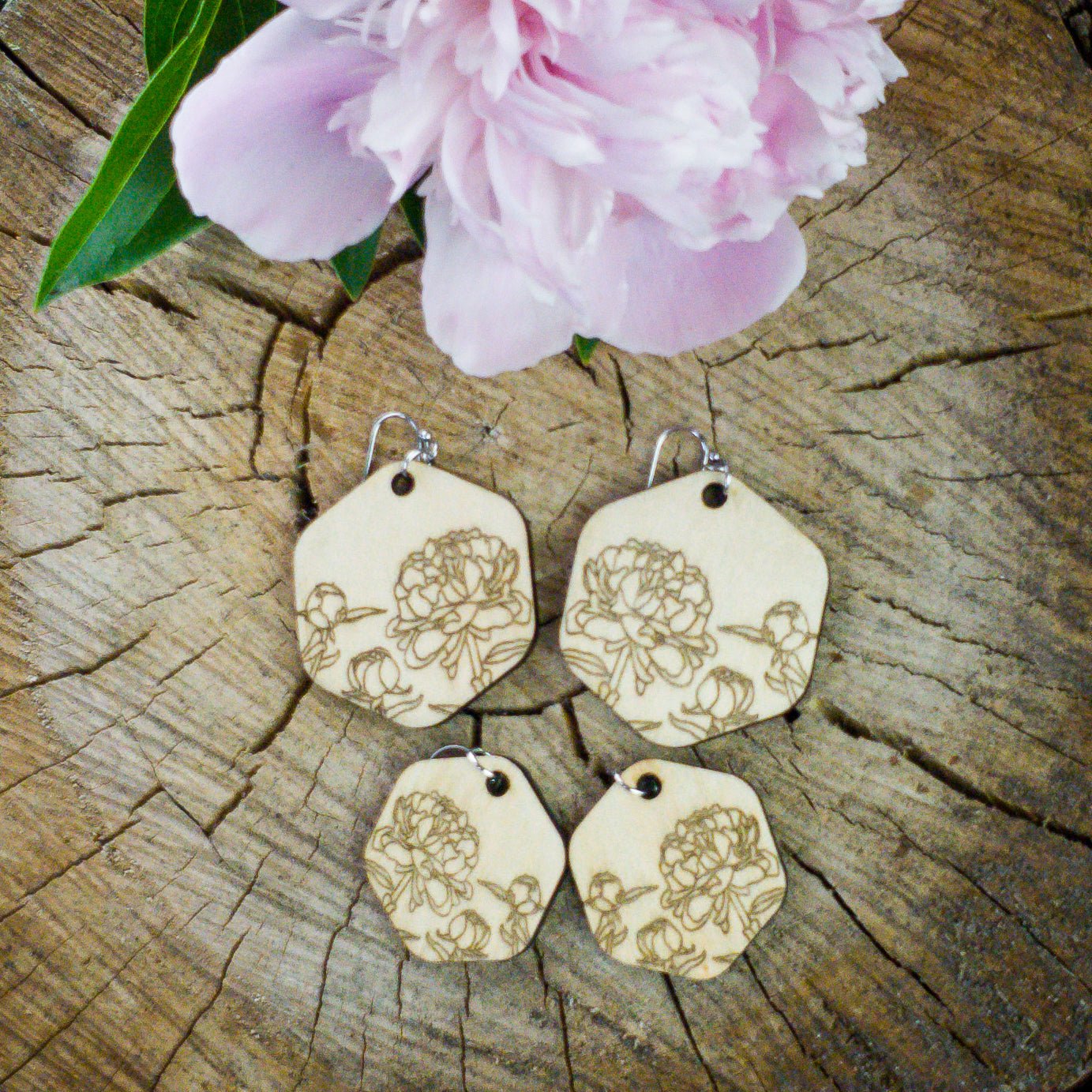 Small Hexagon Peony Engraved Wood Earrings - A Farm Girl by Tess | Handmade Alpaca Wool Winter Hats for Women
