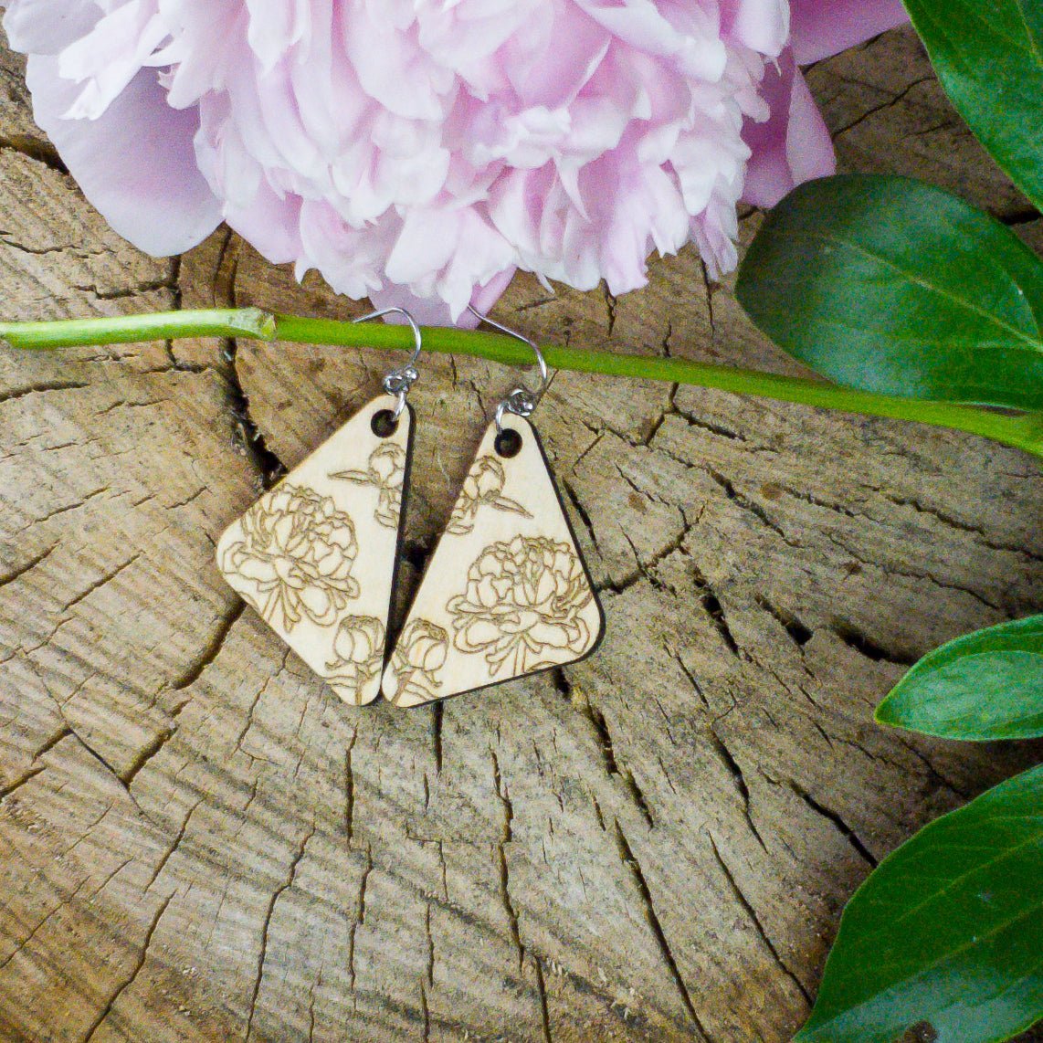 Small Peony Engraved Wood Earrings - A Farm Girl by Tess | Handmade Alpaca Wool Winter Hats for Women