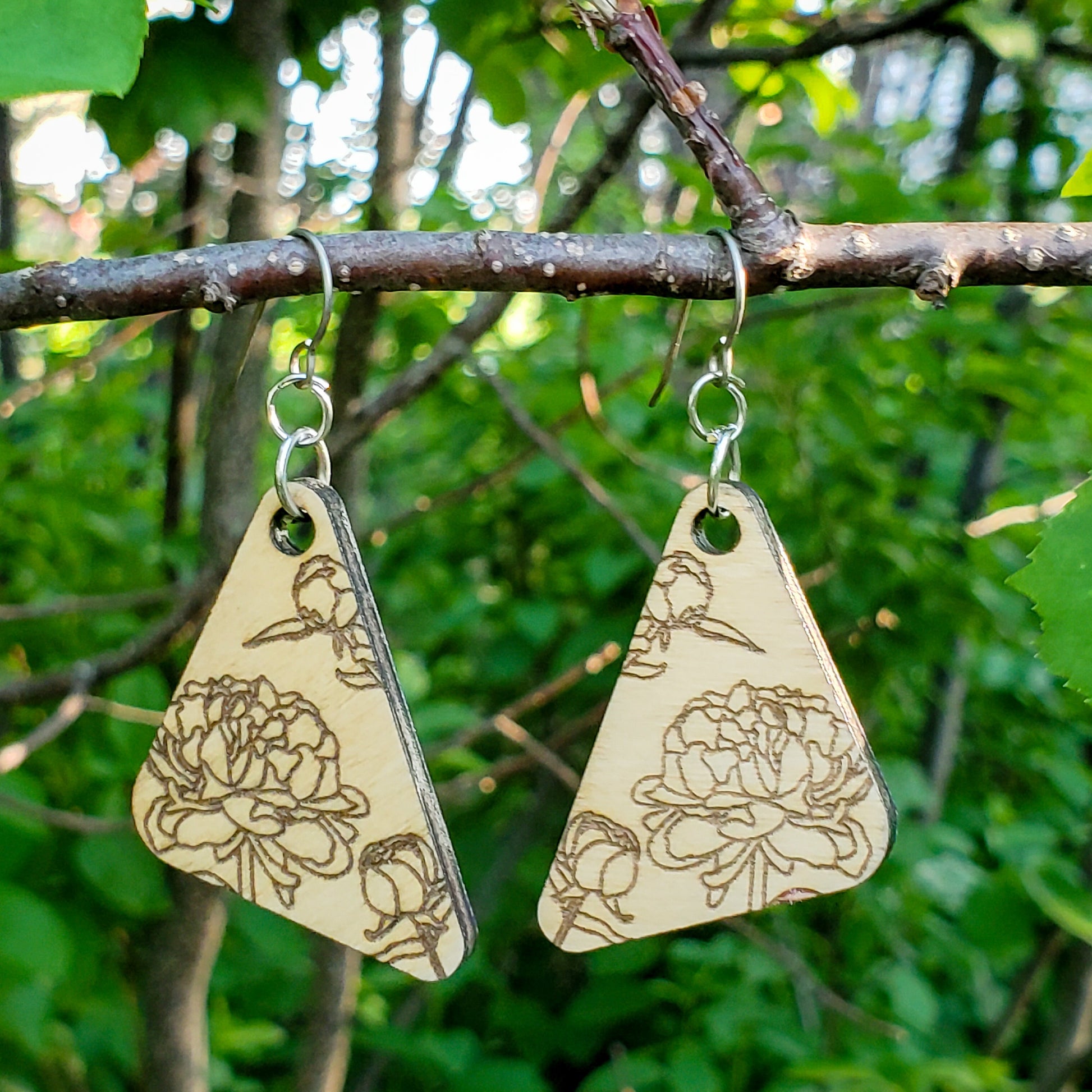 Small Peony Engraved Wood Earrings - A Farm Girl by Tess | Handmade Alpaca Wool Winter Hats for Women