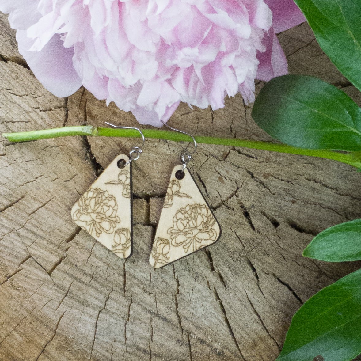 Small Peony Engraved Wood Earrings - A Farm Girl by Tess | Handmade Alpaca Wool Winter Hats for Women