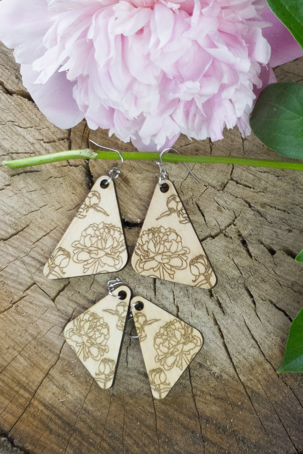 Small Peony Engraved Wood Earrings - A Farm Girl by Tess | Handmade Alpaca Wool Winter Hats for Women
