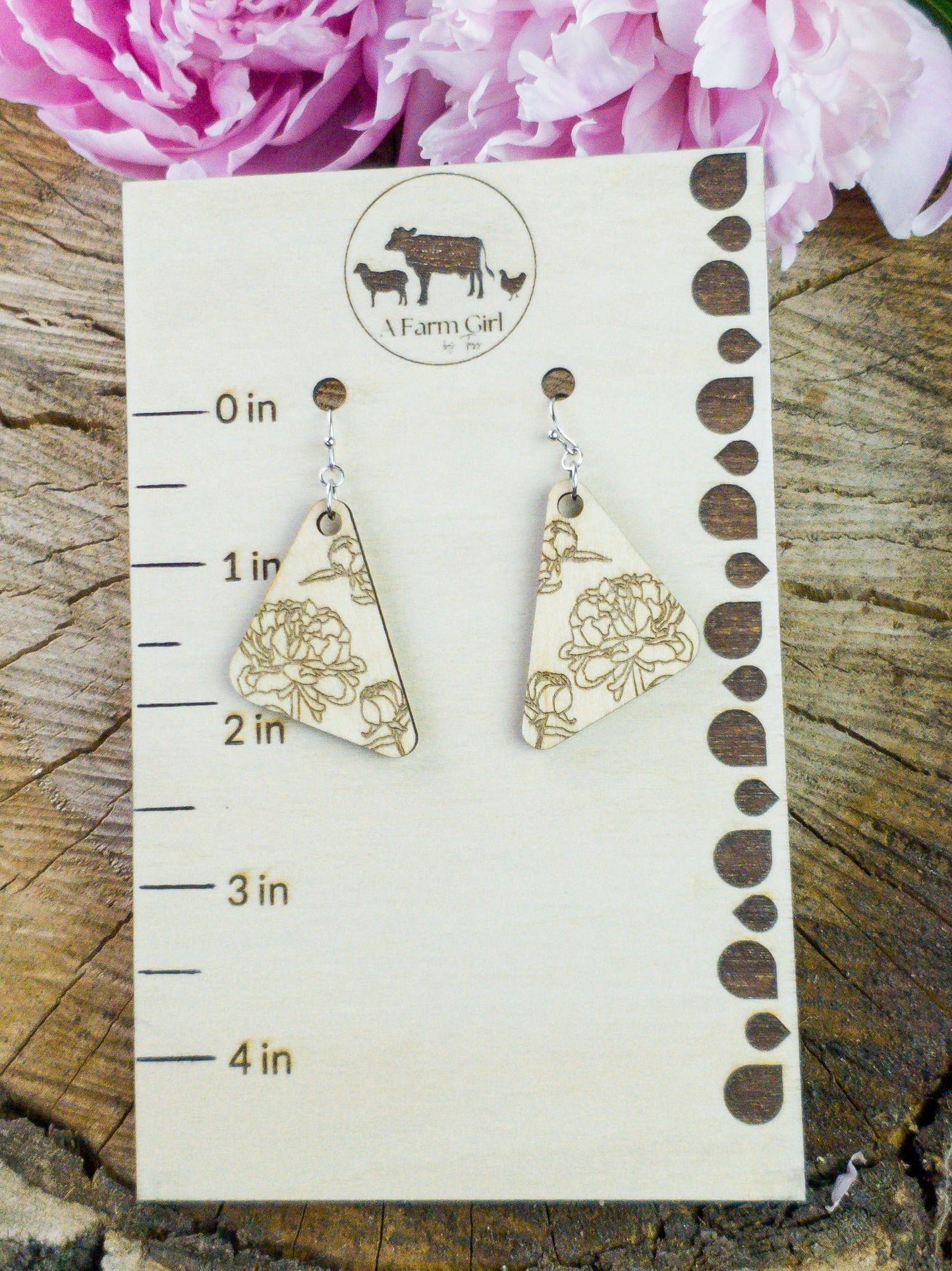 Small Peony Engraved Wood Earrings - A Farm Girl by Tess | Handmade Alpaca Wool Winter Hats for Women