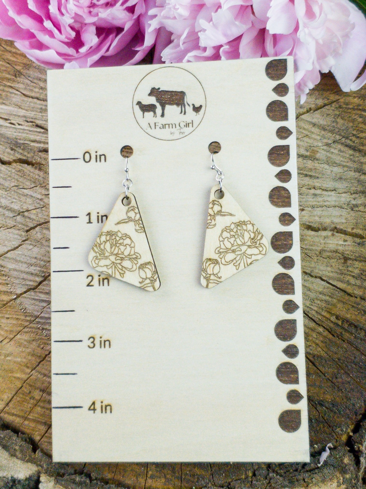 Small Peony Engraved Wood Earrings - A Farm Girl by Tess | Handmade Alpaca Wool Winter Hats for Women