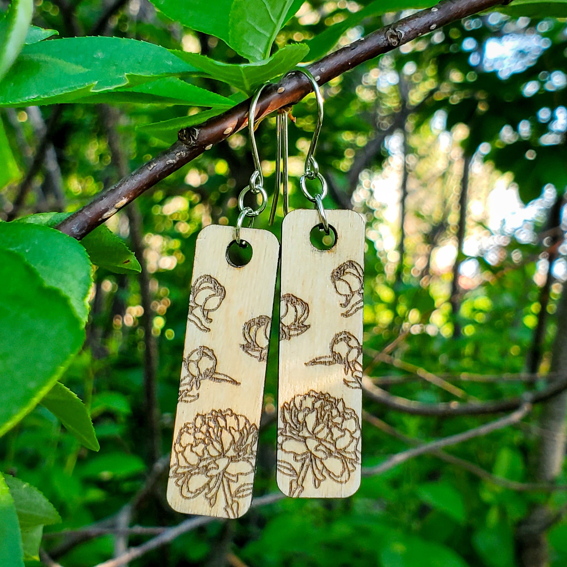 Small Rectangle Peony Engraved Wood Earrings - A Farm Girl by Tess | Handmade Alpaca Wool Winter Hats for Women