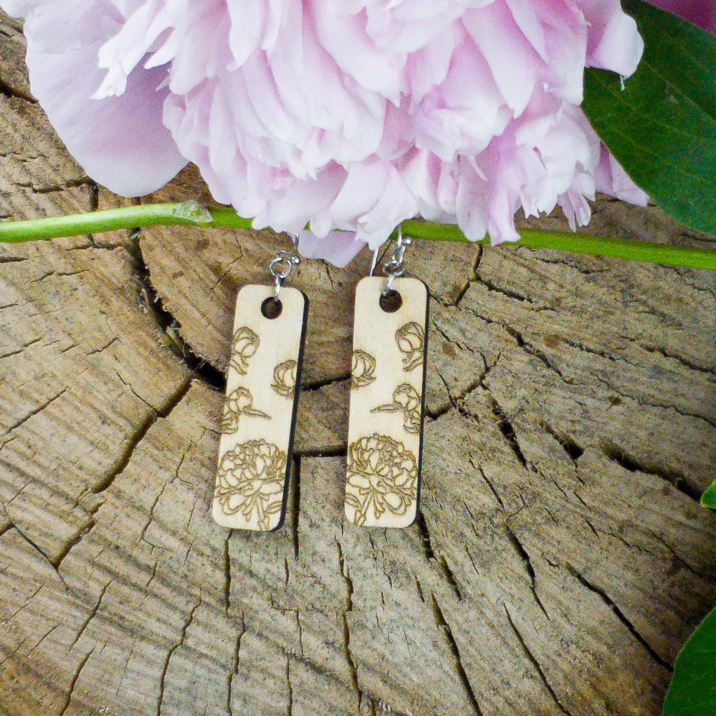 Small Rectangle Peony Engraved Wood Earrings - A Farm Girl by Tess | Handmade Alpaca Wool Winter Hats for Women