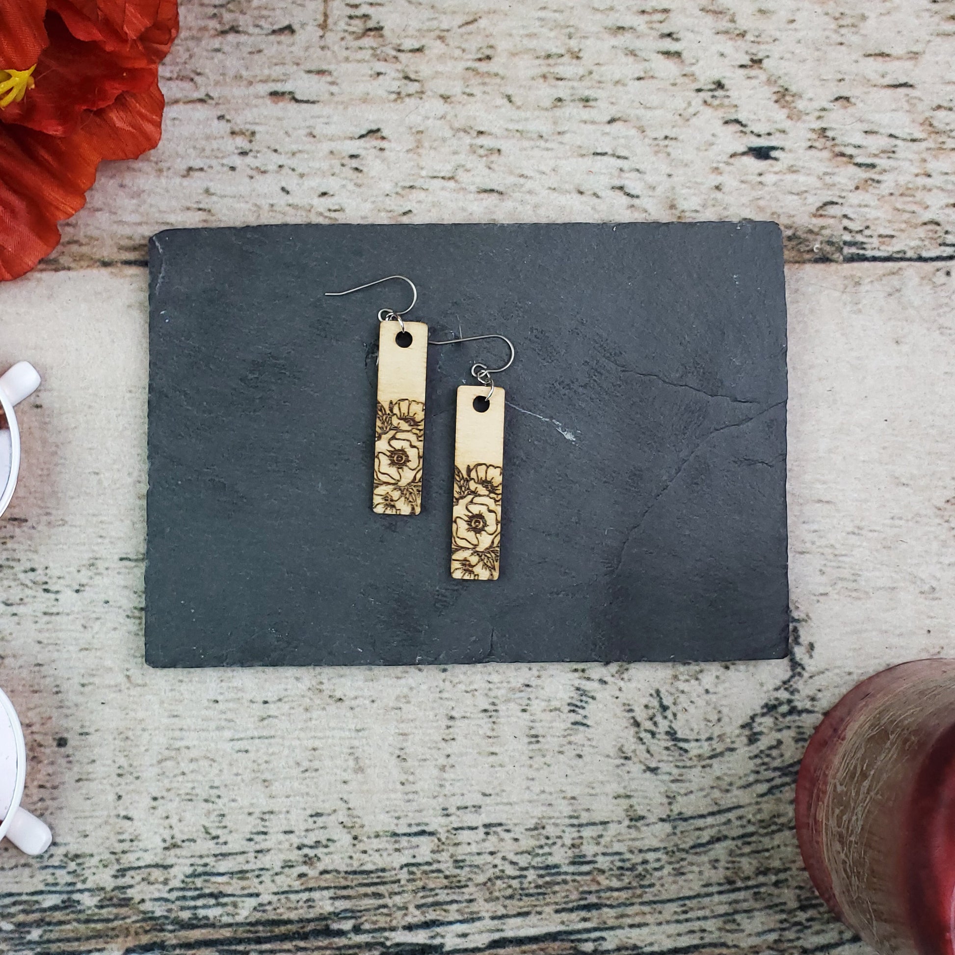 Small Rectangle Poppy Engraved Wood Earrings - A Farm Girl by Tess | Handmade Alpaca Wool Winter Hats for Women