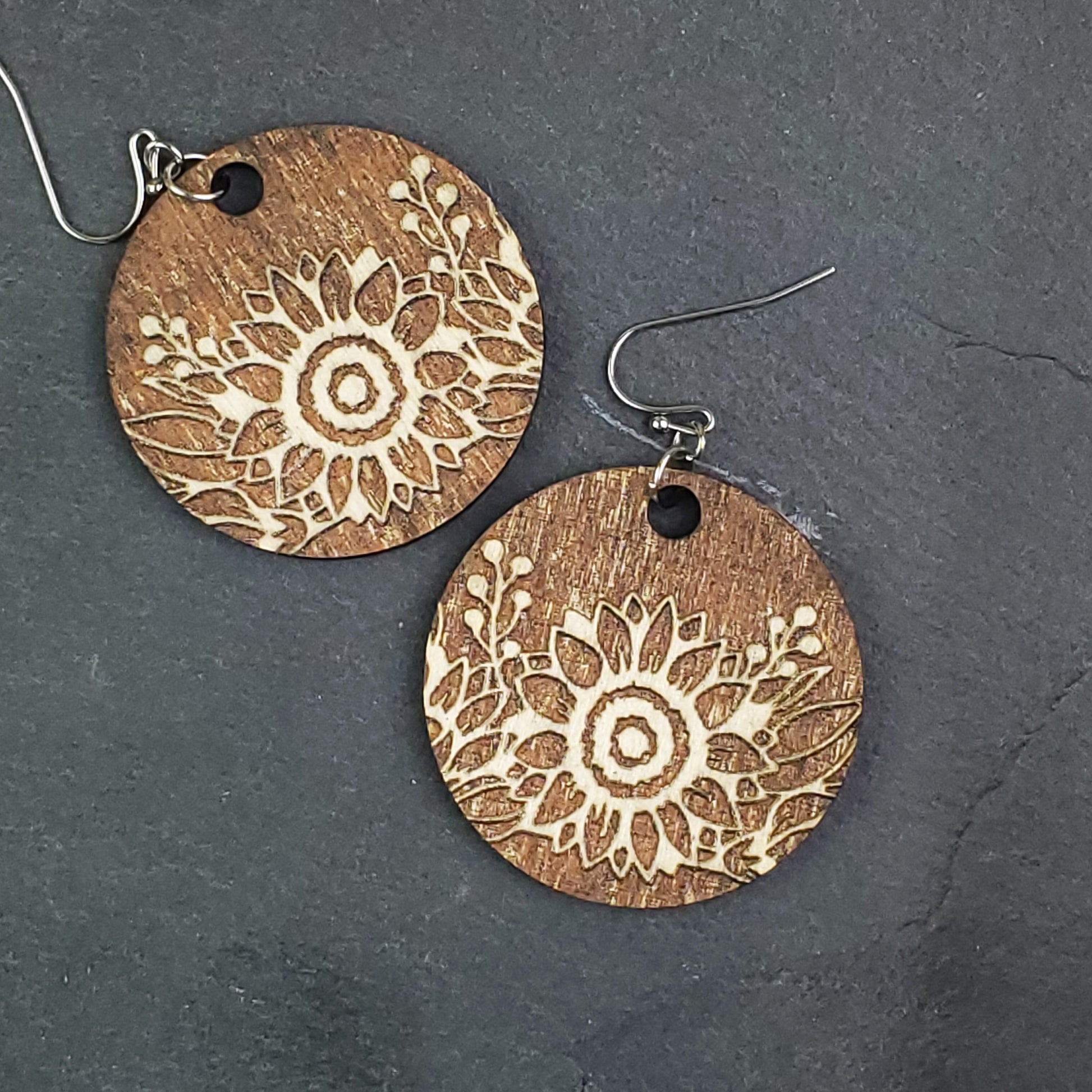 Small Sunflower Circle Reverse Engraved Wood Earrings - A Farm Girl by Tess | Handmade Alpaca Wool Winter Hats for Women