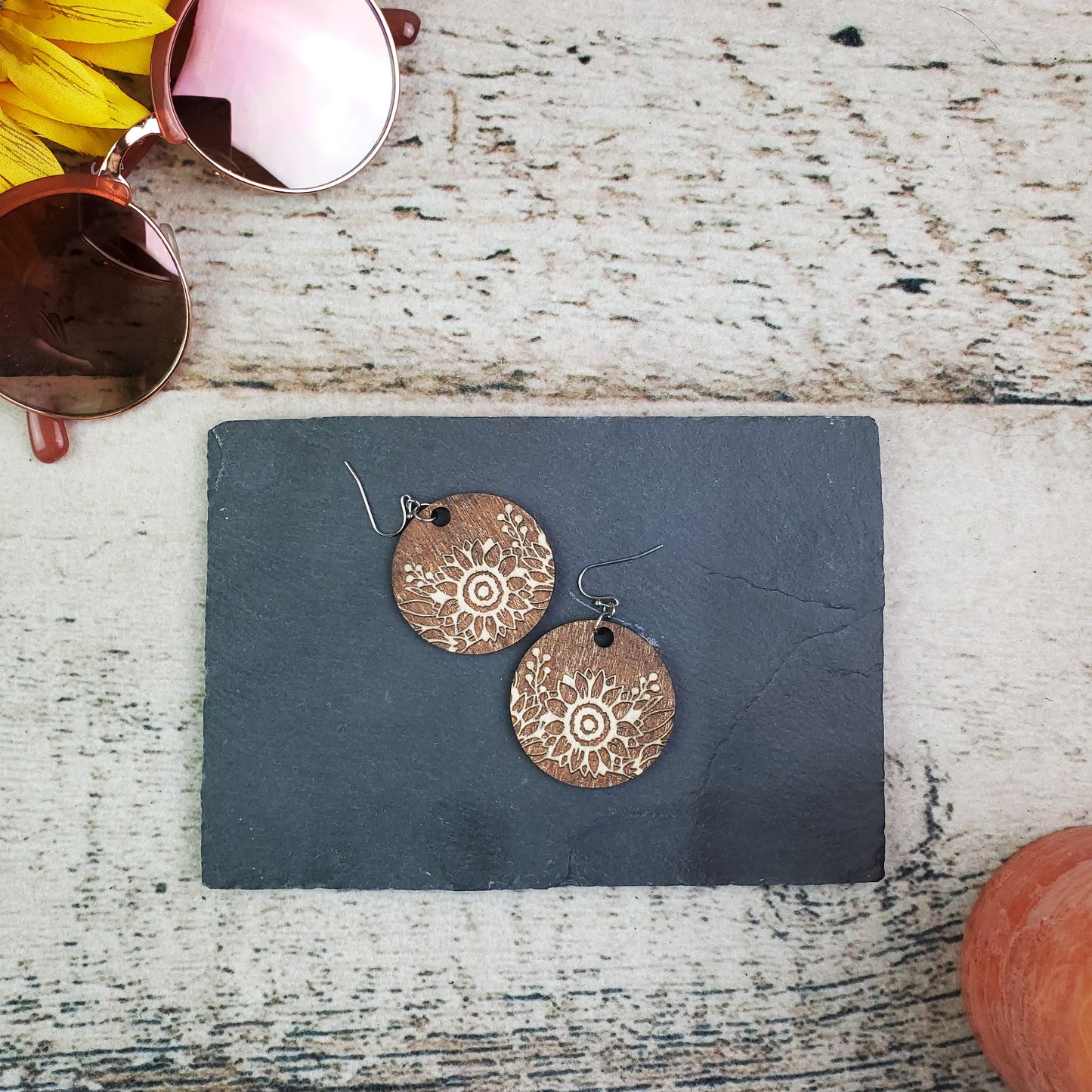 Small Sunflower Circle Reverse Engraved Wood Earrings - A Farm Girl by Tess | Handmade Alpaca Wool Winter Hats for Women