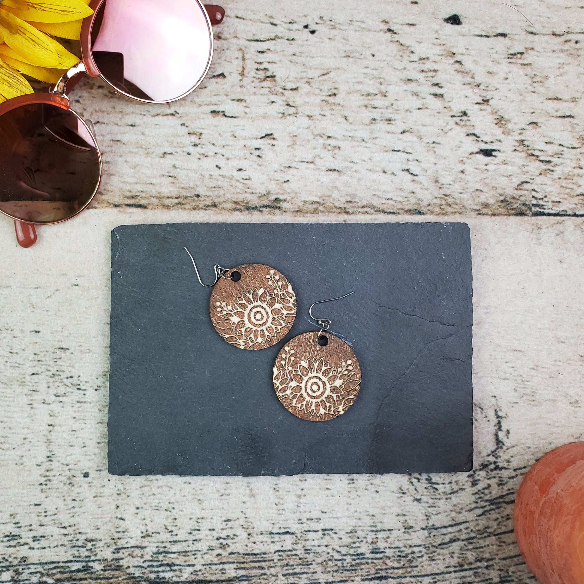 Small Sunflower Circle Reverse Engraved Wood Earrings - A Farm Girl by Tess | Handmade Alpaca Wool Winter Hats for Women