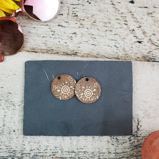 Small Sunflower Circle Reverse Engraved Wood Earrings - A Farm Girl by Tess | Handmade Alpaca Wool Winter Hats for Women