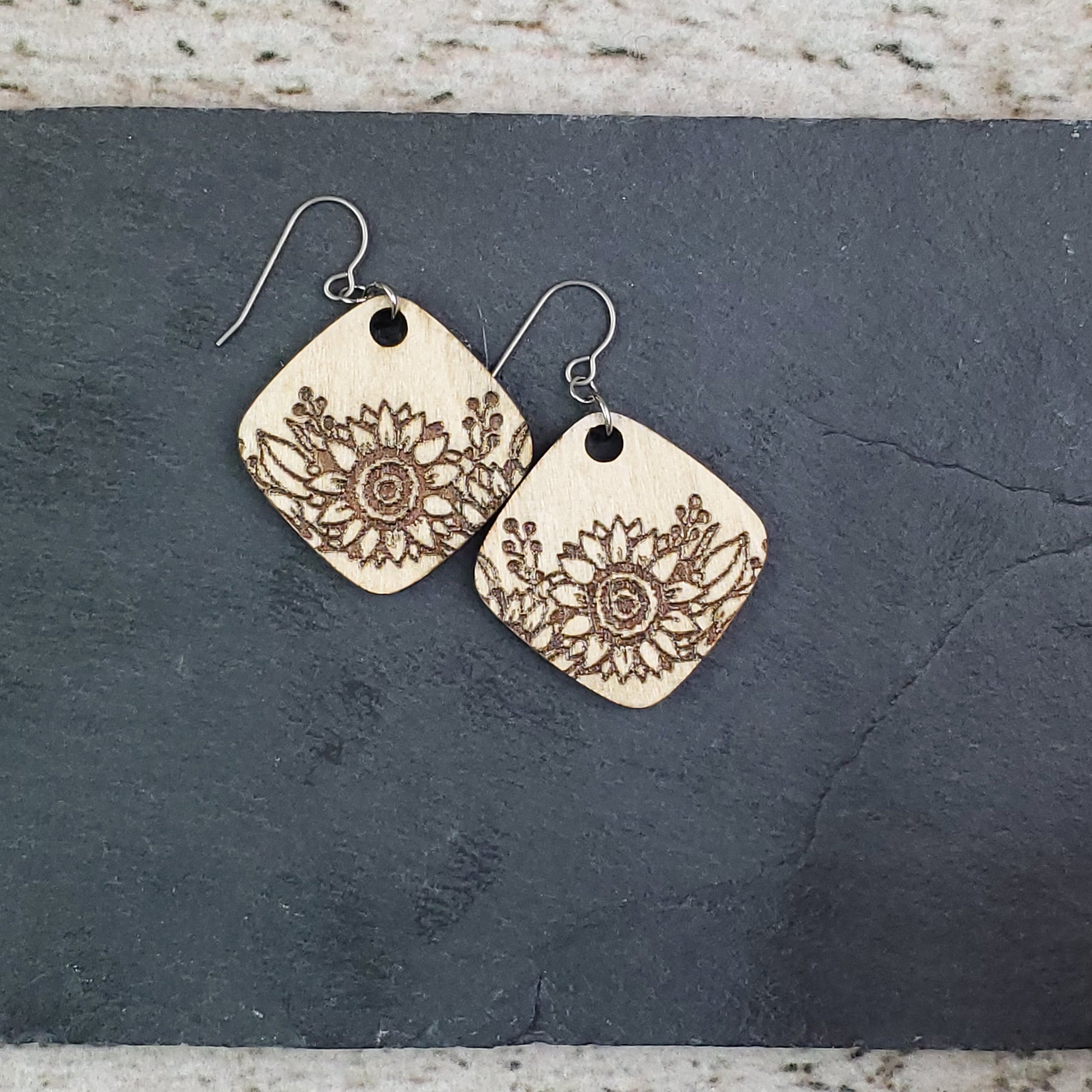 Small Sunflower Diamond Wood Engraved Earrings - A Farm Girl by Tess | Handmade Alpaca Wool Winter Hats for Women