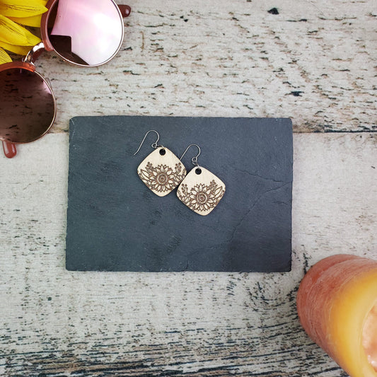 Small Sunflower Diamond Wood Engraved Earrings - A Farm Girl by Tess | Handmade Alpaca Wool Winter Hats for Women