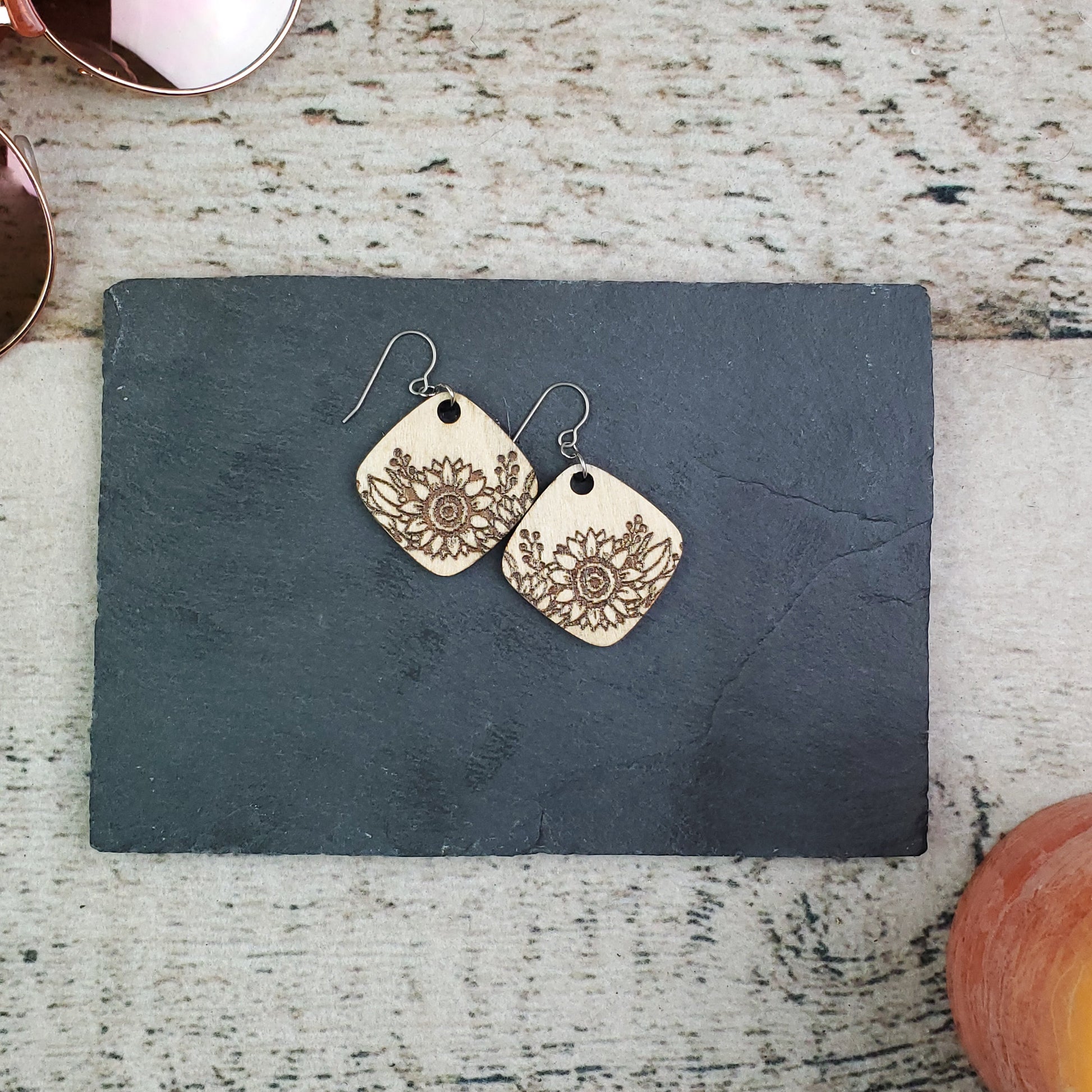 Small Sunflower Diamond Wood Engraved Earrings - A Farm Girl by Tess | Handmade Alpaca Wool Winter Hats for Women