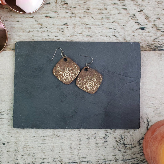 Small Sunflower Engraved Wood Drop Earrings - A Farm Girl by Tess | Handmade Alpaca Wool Winter Hats for Women