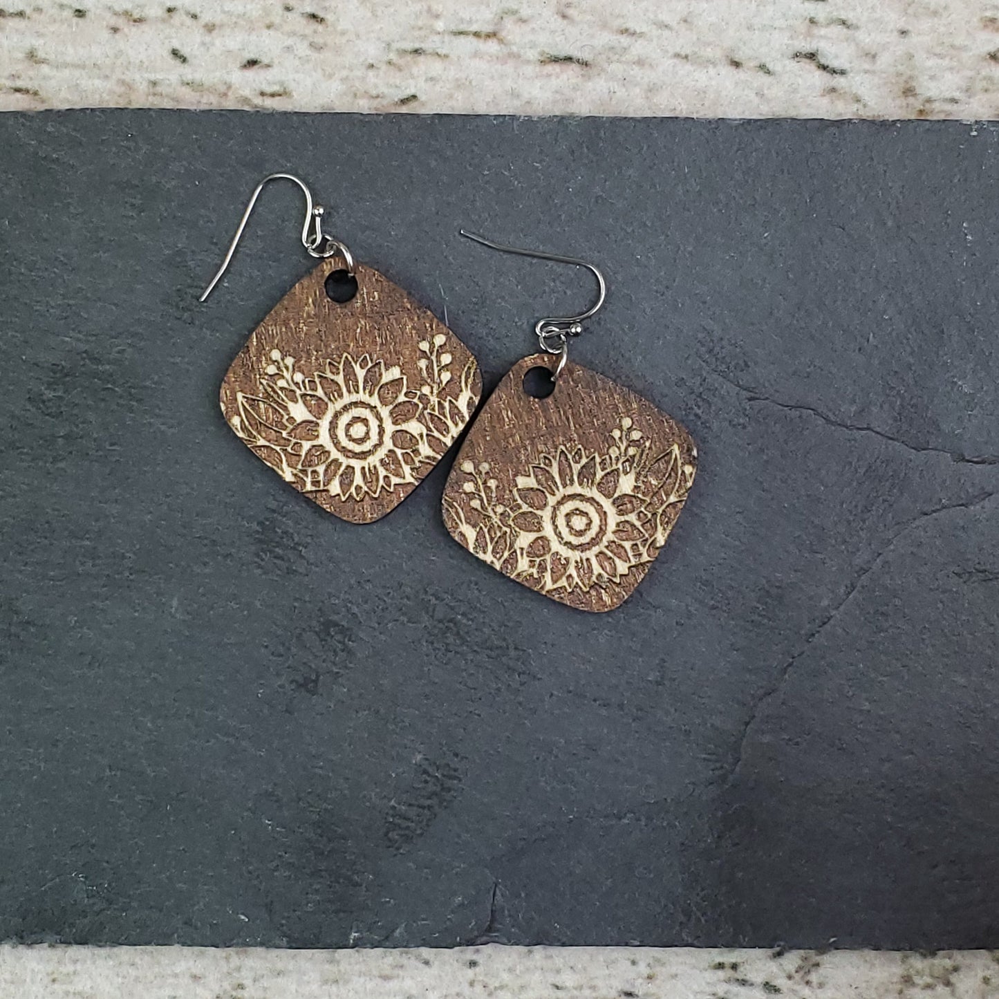 Small Sunflower Engraved Wood Drop Earrings - A Farm Girl by Tess | Handmade Alpaca Wool Winter Hats for Women