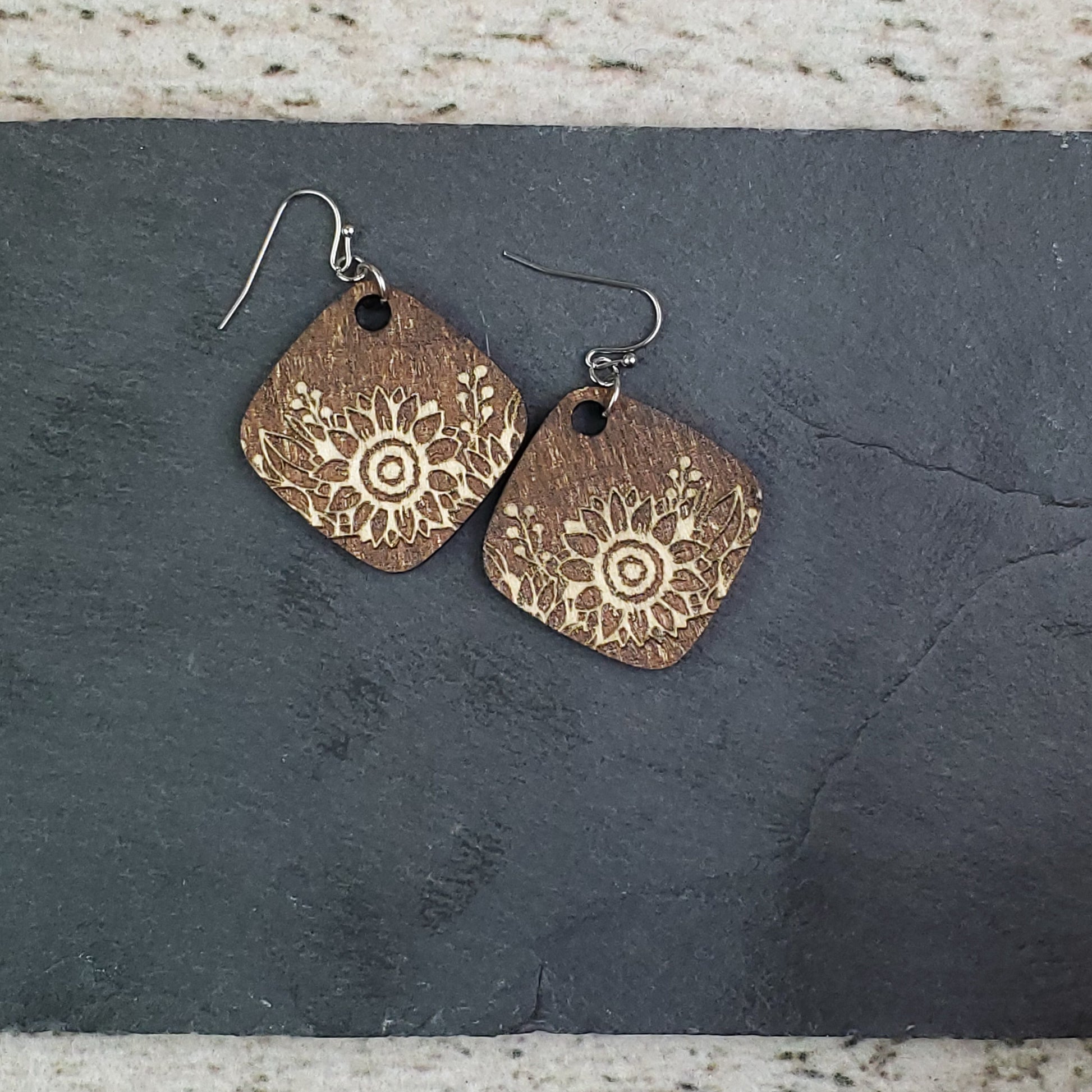 Small Sunflower Engraved Wood Drop Earrings - A Farm Girl by Tess | Handmade Alpaca Wool Winter Hats for Women