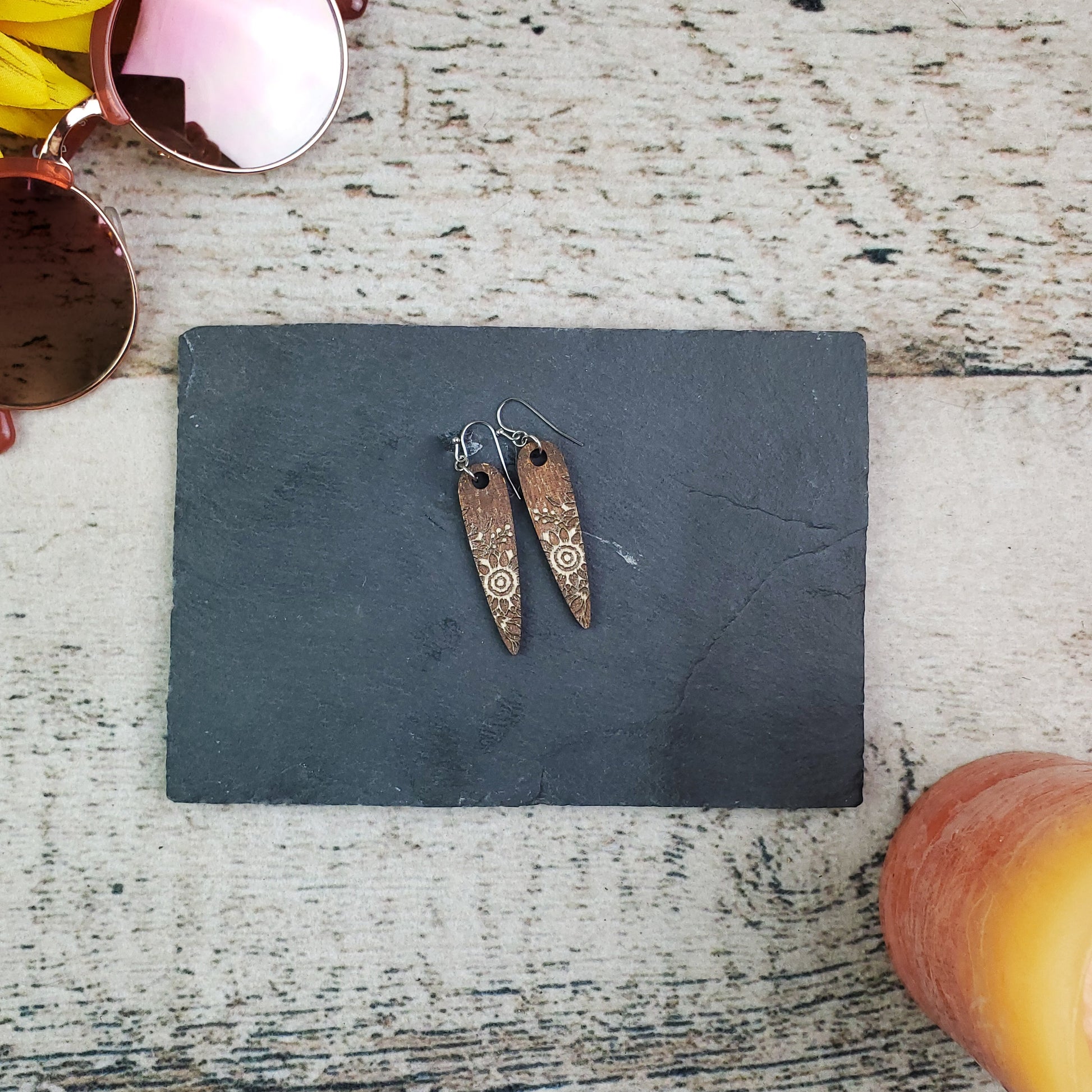Small Sunflower Point Reverse Engraved Wood Earrings - A Farm Girl by Tess | Handmade Alpaca Wool Winter Hats for Women