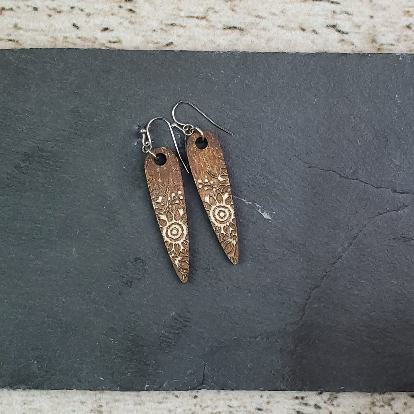 Small Sunflower Point Reverse Engraved Wood Earrings - A Farm Girl by Tess | Handmade Alpaca Wool Winter Hats for Women