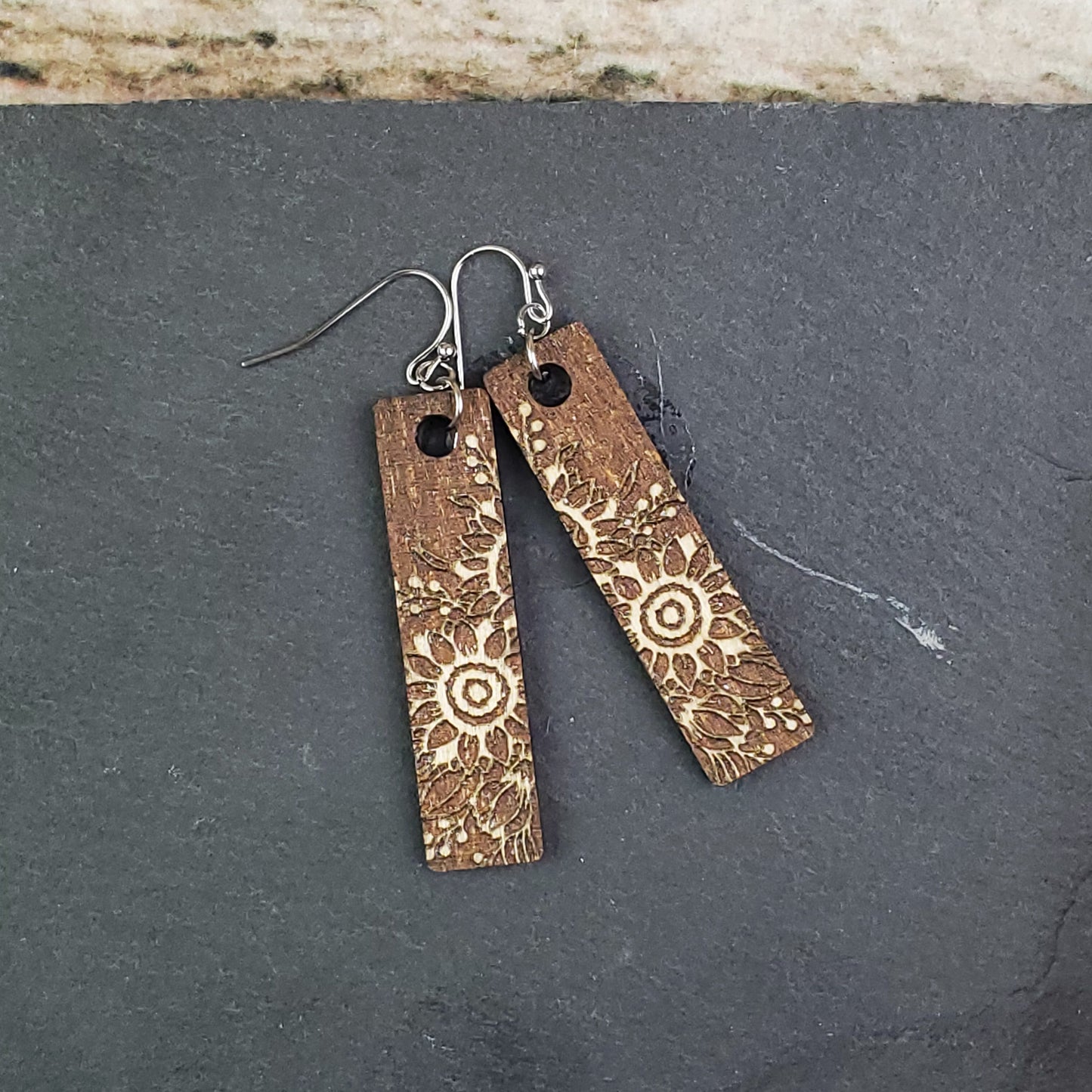 Small Sunflower Reverse Engraved Rectangle Wood Earrings - A Farm Girl by Tess | Handmade Alpaca Wool Winter Hats for Women