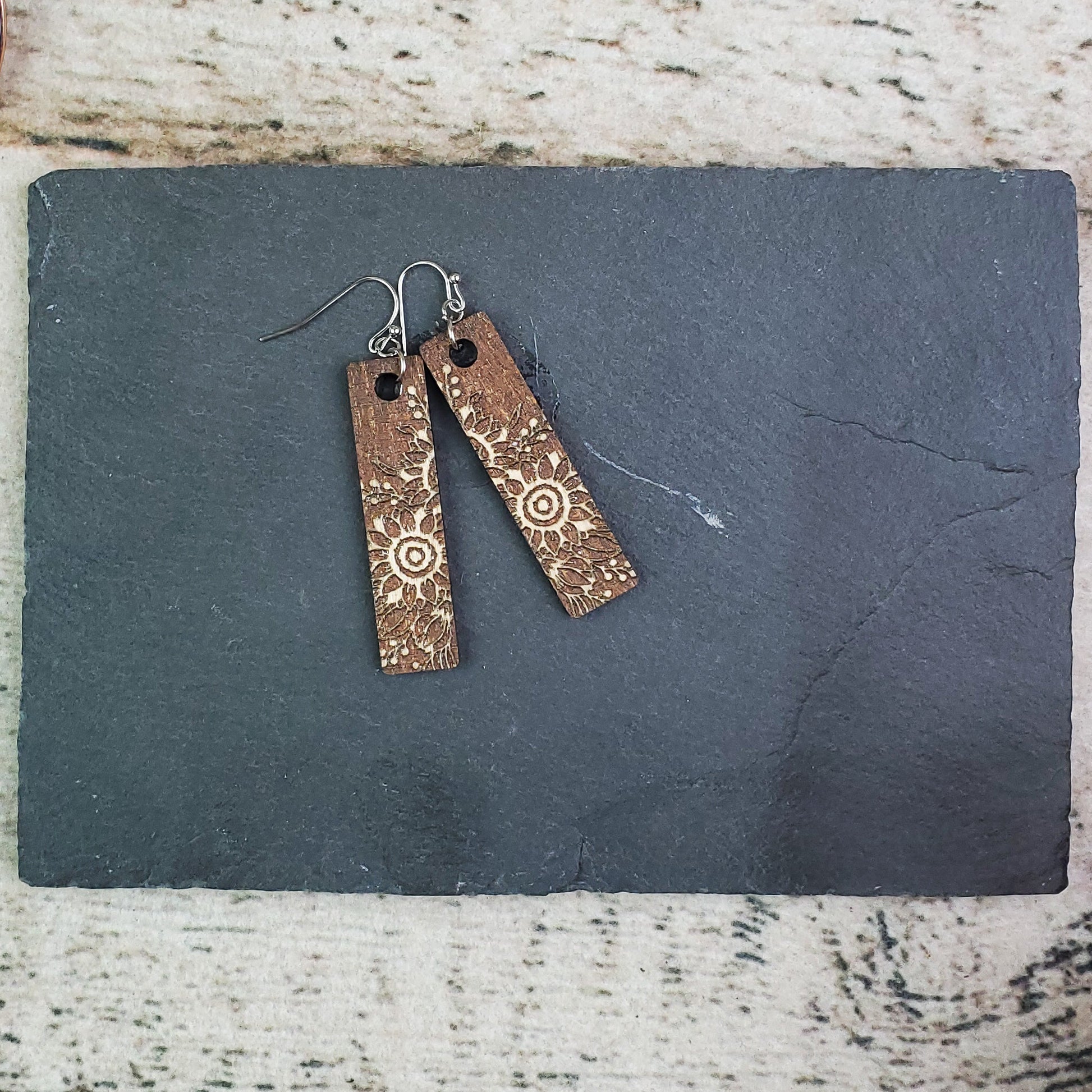 Small Sunflower Reverse Engraved Rectangle Wood Earrings - A Farm Girl by Tess | Handmade Alpaca Wool Winter Hats for Women