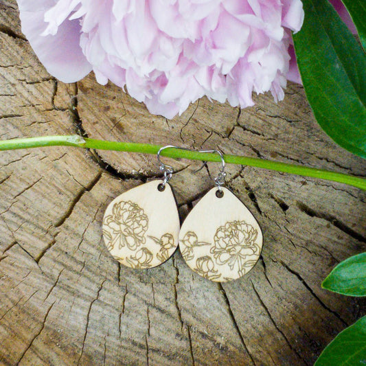 Small Teardrop Peony Engraved Wood Earrings - A Farm Girl by Tess | Handmade Alpaca Wool Winter Hats for Women