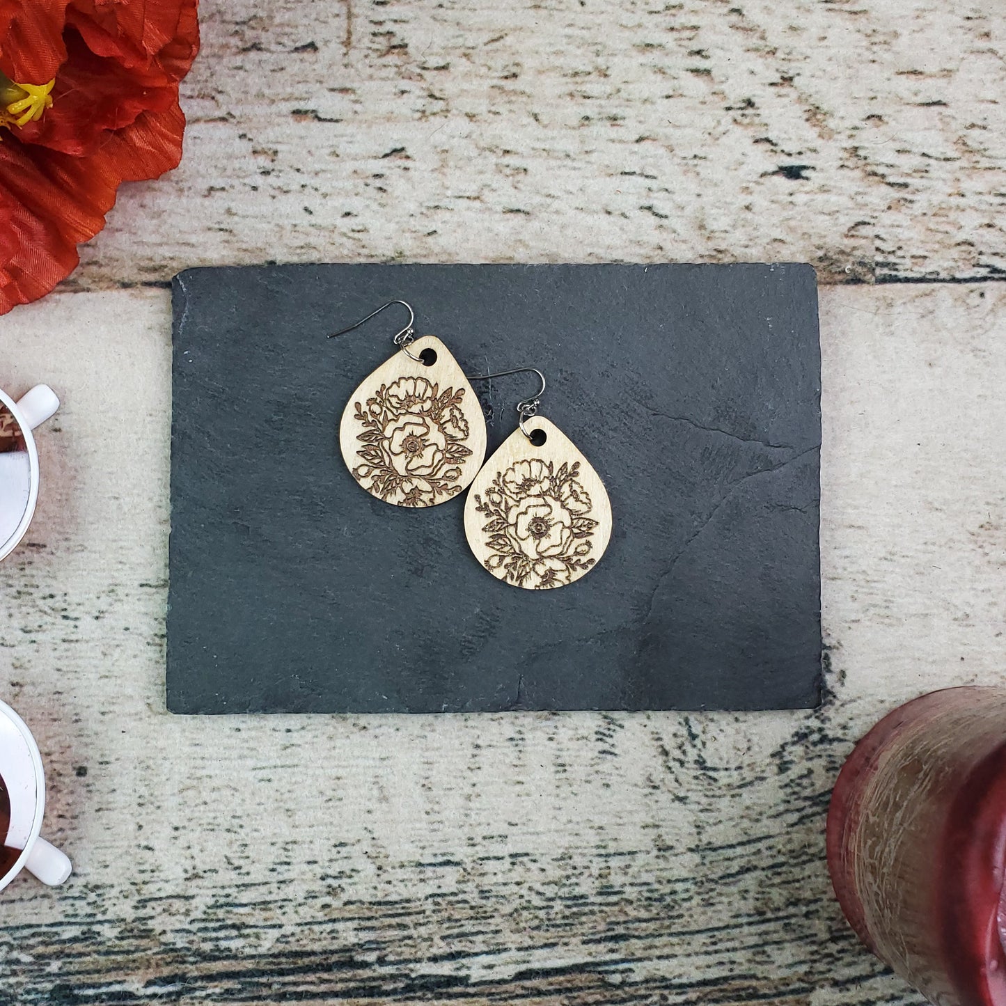 Small Teardrop Poppy Engraved Wood Earrings - A Farm Girl by Tess | Handmade Alpaca Wool Winter Hats for Women