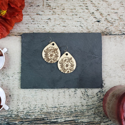 Small Teardrop Poppy Engraved Wood Earrings - A Farm Girl by Tess | Handmade Alpaca Wool Winter Hats for Women