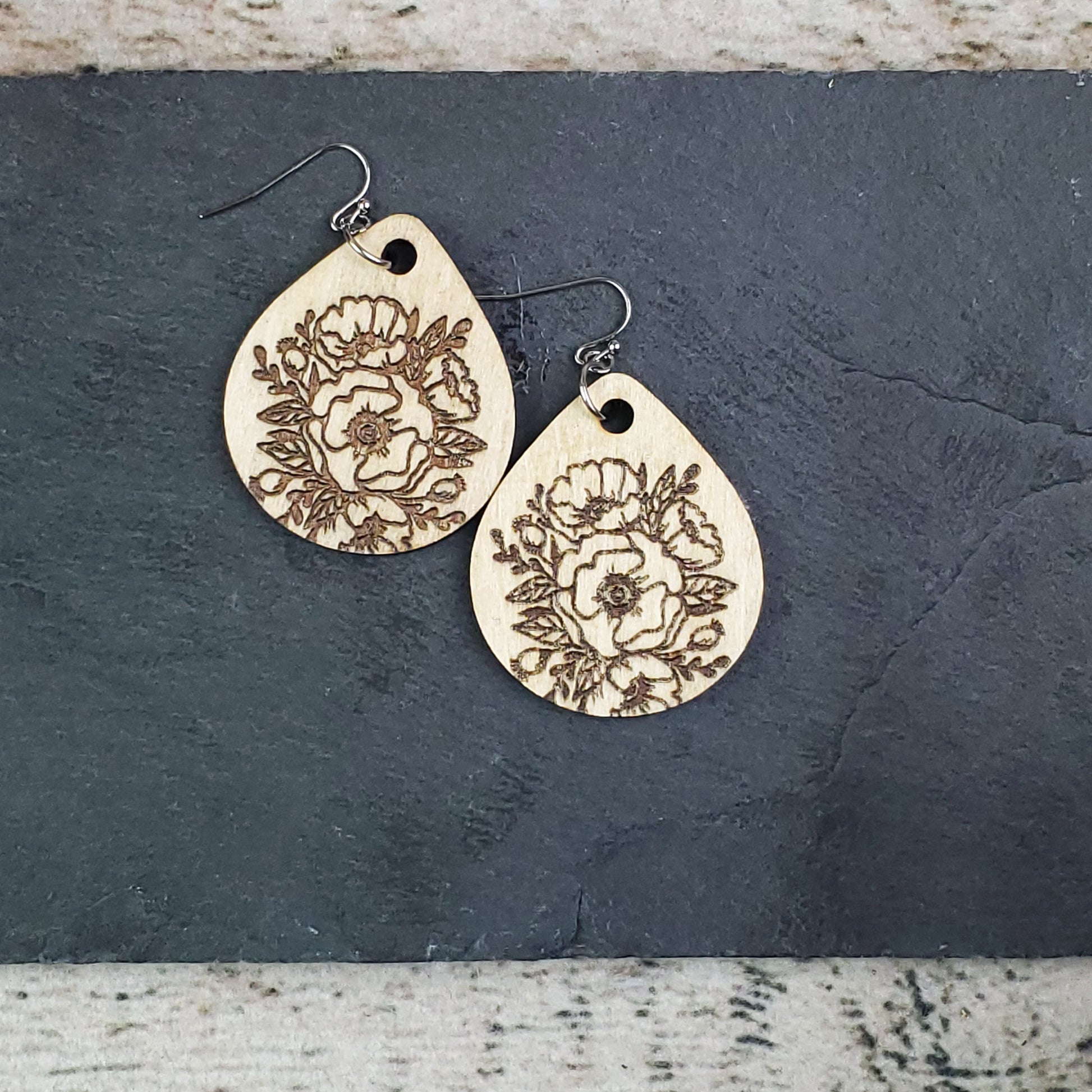 Small Teardrop Poppy Engraved Wood Earrings - A Farm Girl by Tess | Handmade Alpaca Wool Winter Hats for Women