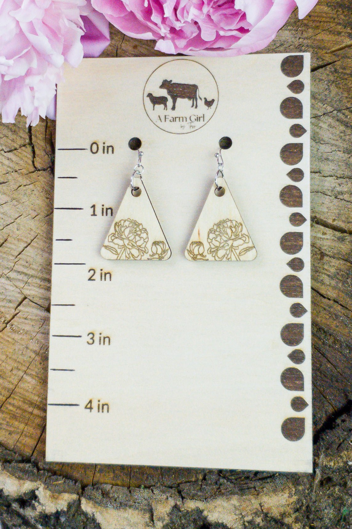 Small Triangle Peony Engraved Wood Earrings - A Farm Girl by Tess | Handmade Alpaca Wool Winter Hats for Women