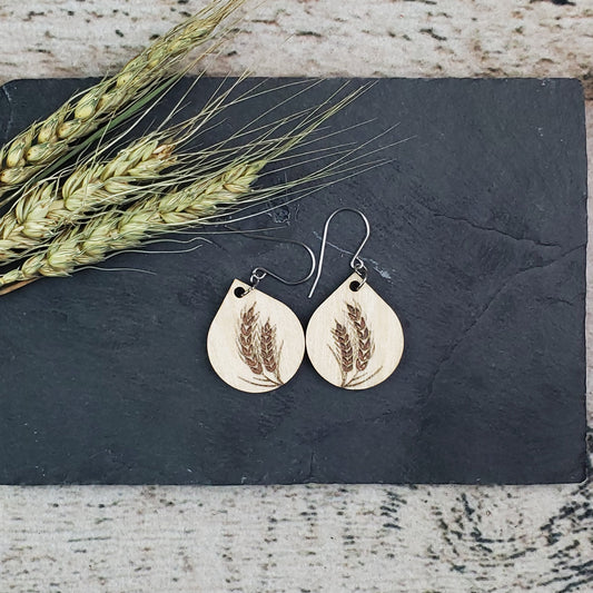Wheat Engraved Wood Dangle Earrings - A Farm Girl by Tess | Handmade Alpaca Wool Winter Hats for Women