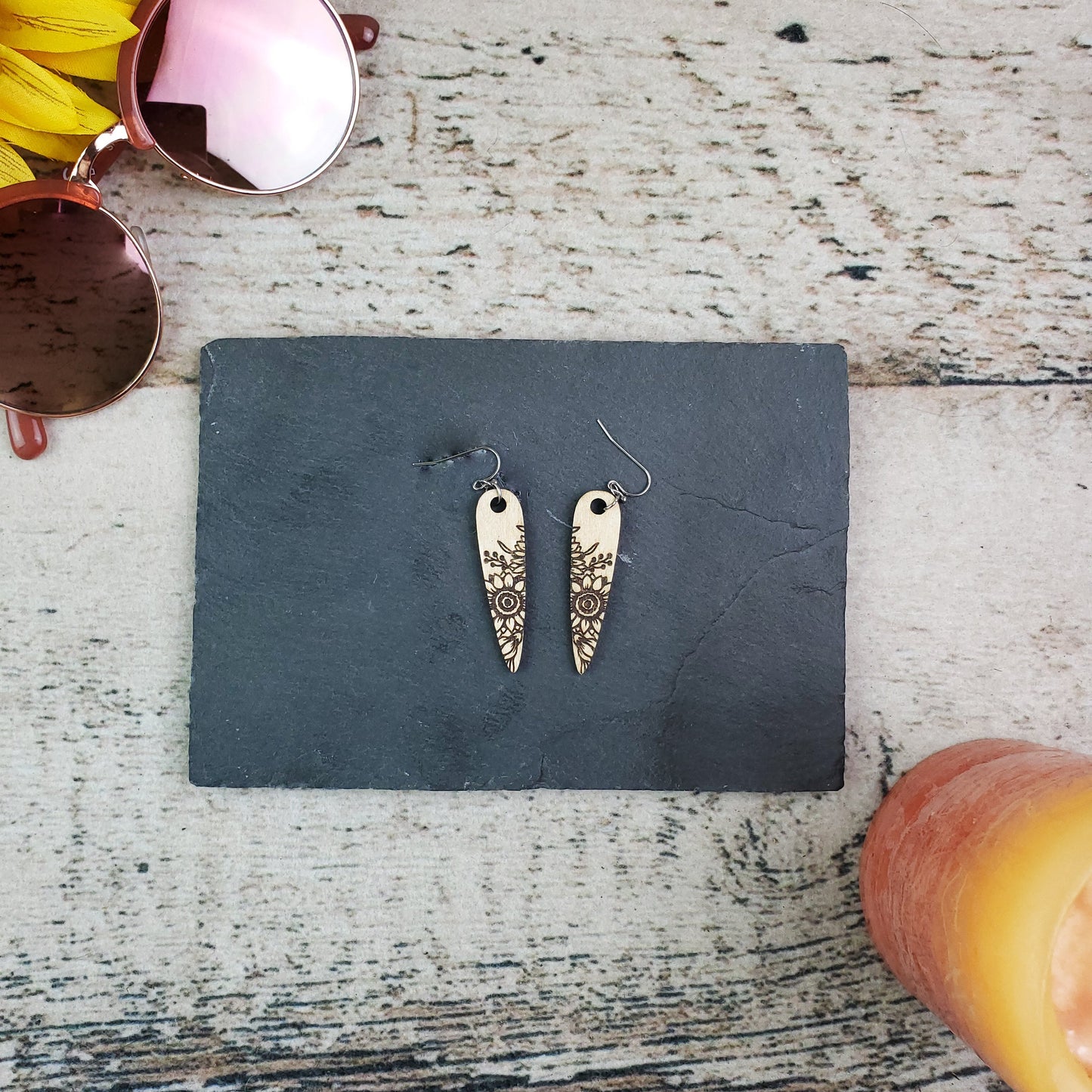 Wood Sunflower Engraved Drop Earrings - A Farm Girl by Tess | Handmade Alpaca Wool Winter Hats for Women