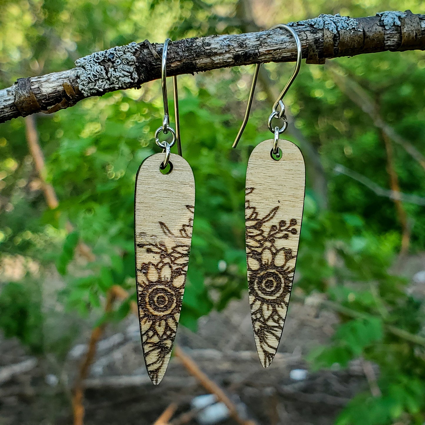 Wood Sunflower Engraved Drop Earrings - A Farm Girl by Tess | Handmade Alpaca Wool Winter Hats for Women
